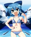  bikini blue_eyes blue_hair cirno day flat_chest midriff navel open_mouth shishou_(absolute_area) short_hair solo swimsuit touhou wings 