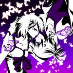  1girl bad_id bad_pixiv_id blue_eyes brother_and_sister bug butterfly butterfly_wings gradient gradient_background high_contrast incest insect kagamine_len kagamine_rin melou migikata_no_chou_(vocaloid) monochrome purple purple_background short_hair siblings spot_color tattoo twincest twins vocaloid wings 