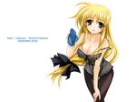  2008 blonde_hair blush breasts casual cleavage fate_testarossa highres kanna_(plum) large_breasts long_hair low-tied_long_hair lyrical_nanoha mahou_shoujo_lyrical_nanoha_strikers red_eyes very_long_hair wallpaper 