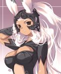 animal_ears armor breasts brown_eyes bunny_ears cleavage dark_skin final_fantasy final_fantasy_xii fran large_breasts long_hair mame-p ponytail solo viera white_hair 