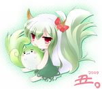  :3 bad_id bad_pixiv_id chibi ex-keine green_hair horns hoshineko_(kiraneko) kamishirasawa_keine kamishirasawa_keine_(hakutaku) large_tail long_hair red_eyes solo sukusuku_hakutaku tail touhou 