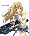  \n/ blonde_hair blue_eyes blush eyebrows instrument k-on! keyboard_(instrument) kotobuki_tsumugi long_hair nagamine_(catoko) school_uniform skirt solo sweater_vest 