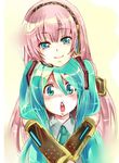  :o aqua_eyes aqua_hair artist_request hatsune_miku hug long_hair lowres megurine_luka multiple_girls open_mouth pink_hair smile twintails vocaloid 