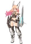  animal_ears armcho armor bad_id bad_pixiv_id bare_shoulders belt blonde_hair boots full_body gloves gundam gundam_00 gundam_exia long_hair mecha_musume navel panties red_eyes shield solo standing thighhighs underwear weapon white_panties 