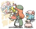  bad_id bad_pixiv_id bat_wings blonde_hair blue_hair braid chibi drawing flandre_scarlet hat hong_meiling hounori long_hair multiple_girls red_eyes red_hair remilia_scarlet short_hair touhou wings 