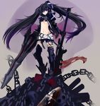  arm_cannon armor bad_id bad_pixiv_id baraen belt black_hair black_rock_shooter boots chain gun insane_black_rock_shooter midriff purple_eyes rifle scar solo stitches sword twintails weapon 