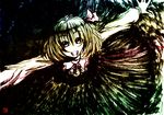  black fuu_(futian) gradient grin hair_ribbon ink_(medium) monochrome rainbow_gradient ribbon rumia smile solo touhou traditional_media 