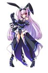  animal_ears armor bare_shoulders blush bunny_ears elbow_gloves gloves high_heels highres lavender_hair leotard long_hair original red_eyes shoes solo standing thighhighs torisan weapon 