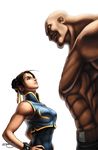  1girl abs bracelet chinese_clothes chun-li height_difference jewelry muscle omar_dogan sagat shirtless signature size_difference spiked_bracelet spikes street_fighter udon_entertainment white_background 