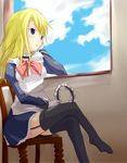  bad_id bad_pixiv_id blonde_hair chair chin_rest cloud copyright_request crossed_legs day feet garter_belt kuro_(be_ok) maid maid_headdress sitting solo thighhighs zettai_ryouiki 