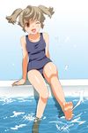  barefoot feet hands legs mattaku_mousuke one-piece_swimsuit one_eye_closed open_mouth original pool school_swimsuit short_hair short_twintails solo swimsuit twintails water 