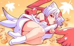  :&lt; ;&lt; animal_ears ass bad_id bad_pixiv_id bare_shoulders detached_sleeves dog_ears feet japanese_clothes kitsune_choukan legs lying obebe_(kitsune_choukan) on_side one_eye_closed original red_eyes red_scarf scarf solo tabi tail white_hair 