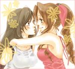  aerith_gainsborough artist_request blush bow brown_eyes brown_hair dress earrings final_fantasy final_fantasy_vii green_eyes hair_ribbon hug jewelry long_hair lowres multiple_girls pink_bow pink_dress ponytail ribbon smile tifa_lockhart yuri 