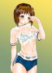  bad_id bad_pixiv_id blush bra brown_eyes brown_hair buruma gym_uniform hagiwara_yukiho idolmaster idolmaster_(classic) kabaya_kousuke lingerie see-through short_hair solo underwear wet wet_clothes 