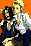  1girl android_17 android_18 blonde_hair blue_eyes brother_and_sister dragon_ball dragon_ball_z earrings jewelry kumo_nokai necklace siblings skirt 