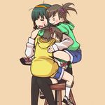  3girls bad_id bad_pixiv_id brown_hair chika_(orange_pop) futami_ami futami_mami green_hair hair_bobbles hair_ornament hairband hug hug_from_behind idolmaster idolmaster_(classic) multiple_girls otonashi_kotori short_hair siblings side_ponytail sitting stool thighhighs twins 