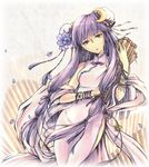  alternate_costume bracelet bun_cover china_dress chinese_clothes crescent crescent_hair_ornament dress error flower hair_ornament hat highres jewelry kieta long_hair patchouli_knowledge purple_eyes purple_hair ribbon scroll side_slit solo touhou very_long_hair 