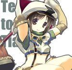  armpits aruru_no_zaki blush breasts brown_eyes brown_hair elbow_gloves gloves goggles hammer midriff rathty short_hair small_breasts solo suspenders tears_to_tiara underboob weapon 