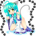  all_fours animal_ears aqua_hair barefoot blue_hair blush body_blush bottomless cat_ears cat_tail clenched_hand detached_sleeves frog gradient_hair green_hair hair_ornament hands kemonomimi_mode kochiya_sanae multicolored_hair open_mouth paw_pose paw_print snake solo sw tail touhou yellow_eyes 