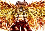  bow fiery_wings fire fujiwara_no_mokou fuu_(futian) hair_bow hands_in_pockets ink_(medium) long_hair monochrome red solo suspenders touhou traditional_media wings yellow 