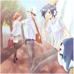  2boys bad_id bad_pixiv_id bag beanie belt blue_hair bookbag food hat headphones ice_cream jack_frost kanazawa_hiromu keychain kihara_atsurou megami_ibunroku_devil_survivor multiple_boys orange_hair plaid protagonist_(devil_survivor) school_uniform tanigawa_yuzu thighhighs 