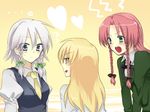  blonde_hair blue_eyes braid heart hong_meiling izayoi_sakuya jealous kanaritu kirisame_marisa multiple_girls open_mouth red_hair ribbon short_hair silver_hair touhou twin_braids 