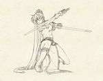  artist_request fire_emblem fire_emblem:_rekka_no_ken gloves high_ponytail lineart long_hair lyndis_(fire_emblem) monochrome ponytail sheath solo sword very_long_hair weapon 