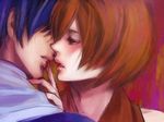  1girl bad_id bad_pixiv_id bare_shoulders blue_hair brown_eyes brown_hair couple covered_eyes eyelashes finger_to_another's_mouth finger_to_mouth hetero kaito lips lipstick looking_at_another makeup meiko parted_lips portrait red_background red_eyes short_hair smeared_lipstick suzunosuke_(sagula) teeth vocaloid 