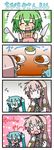  3girls 4koma apron aqua_hair bandages blush chibi chibi_miku comic fingerless_gloves fl-chan fl_studio food gloves green_hair hatsune_miku headphones knife ladle megurine_luka minami_(colorful_palette) multiple_girls o_o open_mouth pink_hair surprised sweat tears translated twintails vocaloid |_| 