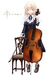  blonde_hair blue_eyes boots bow_(instrument) cello chair dress instrument long_hair original sabamu solo wings 