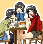  bad_id bad_pixiv_id barefoot black_hair blush book chair chin_rest copyright_request feet_on_chair inuzuka_bouru legs long_hair mechanical_pencil multiple_girls pencil red_eyes short_hair shorts sleepy studying table thighhighs yawning 