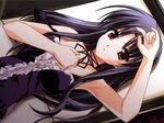  artist_request black_hair couch dress game_cg gothic h2o_footprints_in_the_sand kohinata_hayami long_hair lying red_eyes solo 