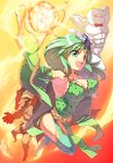  armpits bad_id bad_pixiv_id blue_eyes boots breasts cleavage detached_sleeves final_fantasy final_fantasy_iv green_footwear green_hair highres ifrit_(final_fantasy) large_breasts long_hair monster muscle older rydia sunset takeda_kanryuusai thighhighs whyt 