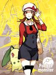  arisaka_ako bow brown_eyes brown_hair cabbie_hat chikorita copyright_name gen_2_pokemon hat hat_ribbon kotone_(pokemon) overalls pokemon pokemon_(creature) pokemon_(game) pokemon_hgss red_ribbon ribbon short_twintails thighhighs twintails 