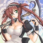  airi_(queen's_blade) aokihoshi breasts brown_hair cleavage green_eyes hairband large_breasts long_hair maid queen's_blade scythe solo twintails 