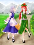  apple braid china_dress chinese_clothes closed_eyes dress fenderu food fruit hat hong_meiling izayoi_sakuya long_hair multiple_girls red_eyes red_hair short_hair silver_hair touhou twin_braids 