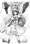  arm_cannon arm_up bad_id bad_pixiv_id black_legwear black_sun black_wings bow cape graphite_(medium) greyscale hair_bow hand_up kneehighs long_hair mafuyu monochrome pointing reiuji_utsuho sketch smile solo standing sun touhou traditional_media weapon wings 