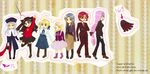  ahoge artoria_pendragon_(all) bazett_fraga_mcremitz beret black_legwear blonde_hair boots caren_hortensia caster dark_sakura everyone fate/stay_night fate_(series) formal full_body hat illyasviel_von_einzbern kotemari_noboru looking_at_viewer matou_sakura multiple_girls pants pantyhose pink_hair purple_footwear red_hair rider saber short_hair shroud_of_magdalene simple_background standing standing_on_one_leg striped striped_background suit sweater thighhighs toosaka_rin vertical-striped_background vertical_stripes walking zettai_ryouiki 