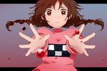  bad_end blood braid brown_eyes brown_hair falling hands hattori_masaki madotsuki no_nose outstretched_arms outstretched_hand pink_shirt reaching shirt sky solo tears twin_braids wide-eyed yume_nikki 