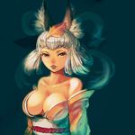  animal_ears bad_id bad_pixiv_id bare_shoulders breasts cleavage eyelashes fox_ears hair_up japanese_clothes kansou_samehada kimono kongiku large_breasts leaf leaf_on_head lips oboro_muramasa off_shoulder red_eyes silver_hair solo yukata 