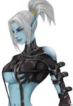  armor blue_eyes blue_skin breasts character_request dark_elf dark_skin elf highres lineage lineage_2 lips midriff pointy_ears ponytail silver_hair simple_background source_request under_boob underboob 