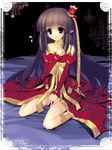  absurdres bare_shoulders brown_hair copyright_request detached_sleeves dress el-zheng hair_ornament highres long_hair pointy_ears purple_eyes sitting solo 