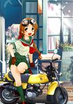  braid brown_eyes brown_hair copyright_request gloves goggles ground_vehicle highres kneehighs motor_vehicle motorcycle pleated_skirt retsumaru school_uniform serafuku skirt socks solo 