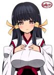  arcana_heart bad_id bad_pixiv_id black_hair breast_suppress breasts highres japanese_clothes kasuga_maori large_breasts long_hair looking_at_viewer miko parted_lips red_eyes shiroie_mika simple_background solo white_background 