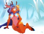  anthro antlers breasts canine cervine chest_tuft cloak cyan_eyes cyan_nails cyan_nipples cyan_nose deer female fingerless_(marking) fox fur hair hood hooves horn hybrid long_ears mammal markings multicolor_fur nipples nosivi nude orange_fur patto plain_background simple_background sitting socks_(marking) solo tuft 