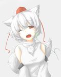  animal_ears appetizer_(gray) bad_id bad_pixiv_id bare_shoulders blush breasts detached_sleeves fang fingerless_gloves gloves hat highres inubashiri_momiji large_breasts looking_at_viewer one_eye_closed open_mouth pom_pom_(clothes) red_eyes shirt short_hair silver_hair solo tail tokin_hat touhou v_arms wolf_ears wolf_tail 