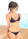  bikini breasts brown_hair cleavage green_eyes hi_iro highres large_breasts navel original ponytail short_hair solo swimsuit tan tanline water wet 