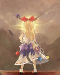  blonde_hair bow chain facing_away hair_bow hand_on_hip horn_ribbon horns ibuki_suika landscape leaf long_hair looking_afar ribbon shirt shoes sleeveless sleeveless_shirt socks solo sun tian_(my_dear) touhou valley wrist_cuffs 