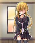  black_legwear black_skirt blonde_hair blush collarbone hair_over_eyes ichimi kantai_collection long_hair long_sleeves neckerchief satsuki_(kantai_collection) school_uniform serafuku shirt skirt skirt_lift skirt_set smile solo sweat thighhighs twintails white_neckwear zettai_ryouiki 