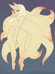  animal_ears blonde_hair breasts chest_hair curvy eyeshadow finger_licking fox_ears fox_tail furry gen_1_pokemon highres large_breasts licking live_for_the_funk makeup multiple_tails naughty_face ninetales nipples nude personification pokemon red_eyes snout solo tail thick_thighs thighs tiptoes tongue tongue_out 